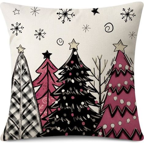 Lot de 4 Housses Coussin Noel,Rose foncé et noir Housse de Coussin Nol 45x45 Cm,Lin Housse Coussin Noel à Nud Papillon Motif (1/5)