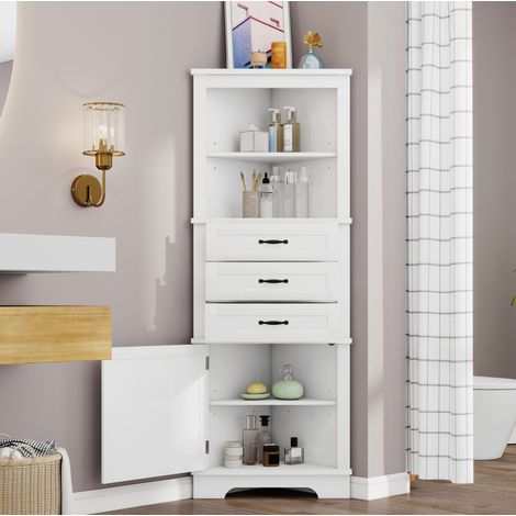 Badezimmer-Eckschrank 57.7x46x167.5 cm weiß aus MDF mit 3 Schubladen, 2 offenen Fächern und verstellbaren Einlegeböden (1/5)