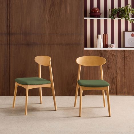 Lot de 2 chaises vintage bois d'hévéa naturel et tissu kaki - Aria (1/5)