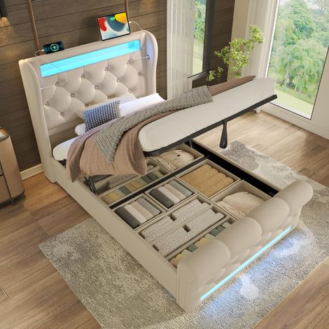 Lit simple moderne capitonné 90x200cm, avec éclairage LED intégré, tête de lit coffre avec ports USB et Type-C, système de rangement hydraulique, revêtement en velours beige. (Matelas non inclus), ... (1/5)