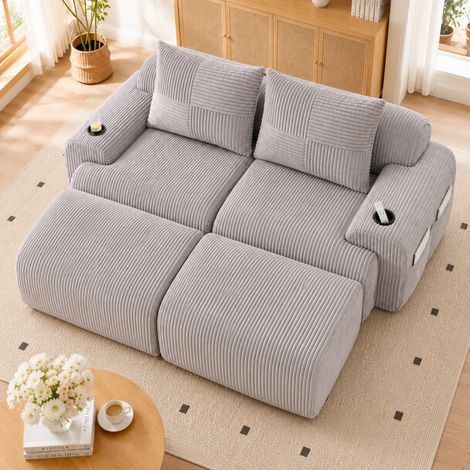 Canapé modulable velours côtelé 2 places avec 2 poufs, porte-gobelet et poche latérale, combinable, kaki et gris clair. (1/5)