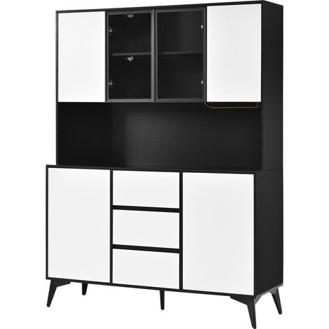 Armoire haute combinée avec vitrine en verre, LED réglable par application, 3 tiroirs, porte-verres dorée, MDF blanc et noir (1/5)