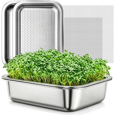 2 Pack 26 x 19 cm Stainless Steel Sprouting Tray 2 in 1 Seed Germination Tray Microgreens Germination Tray Reusable Dishwasher Safe Easy Home Growing (1/5)