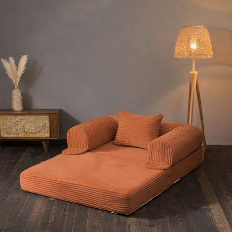 Fauteuil convertible 1 place en tissu orange avec coussin 120 x (1/5)
