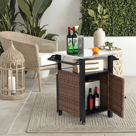 Chariot de bar extérieur en rotin - Porte simple - Plateau en acier inoxydable - Plateau latéral extensible (1/5)