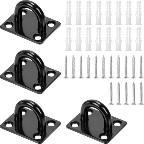 Lot de 4 crochets carrés noirs M5 en acier inoxydable 304 avec vis et ancrages en plastique, crochets de quincaillerie marine, crochets de plafond en U pour sécuriser la suspension