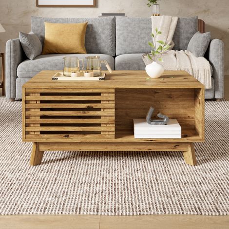 Table basse rétro moderne, plateau réglable en hauteur, porte coulissante à persiennes, aspect bois, structure en MDF, table de salon multifonctionnelle (1/5)
