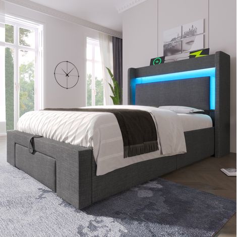 Bett Polsterbett Stauraum 90x200 mit Matratze Grau OKMYHOME