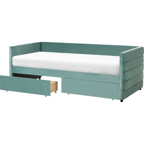 Cama 90 x 200 cm con cajones tapicería de terciopelo acolchado somier de listones patas de madera verde menta Marray
