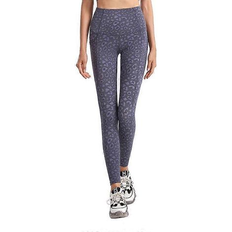 Hochgeschnittene Yogahose mit Batikmuster und Camouflage-Optik, hohem Beinausschnitt, doppelter Tasche, kurze Fitnesshose (grauer Leopardenprint) XXL (1/5)