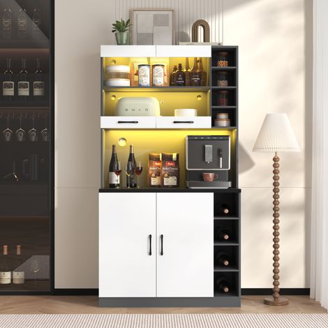 Credenza da cucina in MDF e vetro rinforzato bianco/grigio 100x47x187 cm con LED, vano microonde e ripiani regolabili (1/5)
