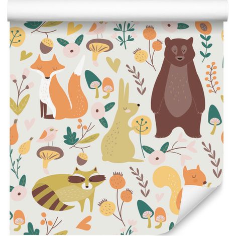 Precioso papel pintado de animales del bosque para salón y dormitorio, 50x1000 cm. (1/5)