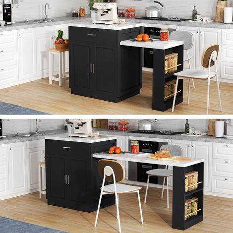 Îlot de cuisine avec table extensible pour 4 à 6 personnes, bicolore, prises, rangements et 2 tiroirs (1/5)
