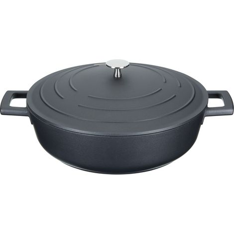 MasterClass Cacerola poco profunda con tapa 4L/28 cm, Aluminio fundido ligero, Apta para horno y placa de inducción, Negro