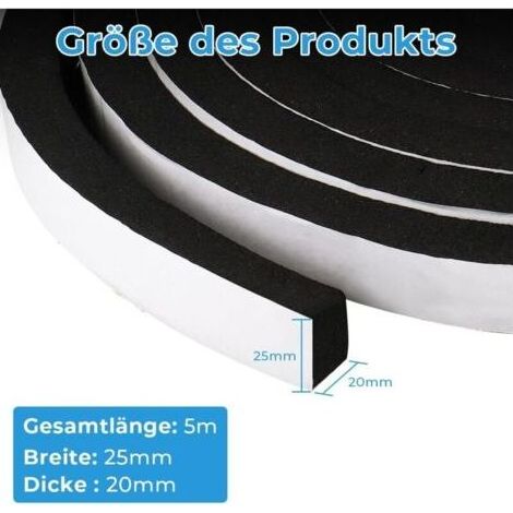 Bande d'étanchéité autocollante en mousse 25 mm (l) x 20 mm (H), caoutchouc mousse autocollant pour porte fenêtre, résistant aux intempéries, anti-collision, isolation acoustique, longueur totale 5m