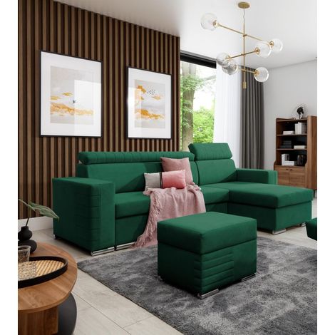 Ecksofa Schlafsofa inkl. Hocker CANTON Stoff Camelia Grün Ottomane Rechts (1/4)