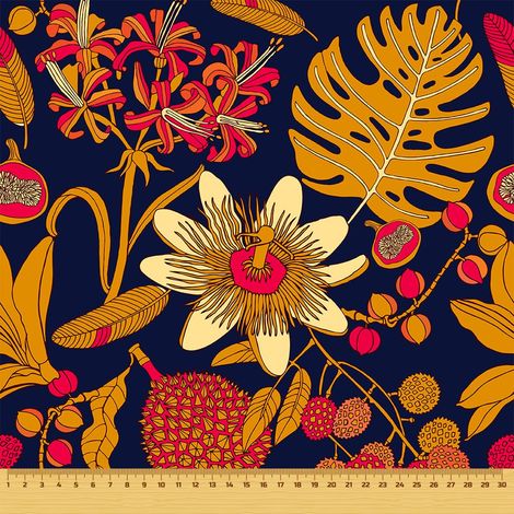 Tissu d'extérieur décoratif Oxford - motif fleurs et feuilles dorées I DR041 (1/5)