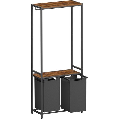 Vasagle – Panier à linge double avec 2 compartiments 92L – 2 étagères de rangement – barre de suspension – sacs amovibles en tissu Oxford