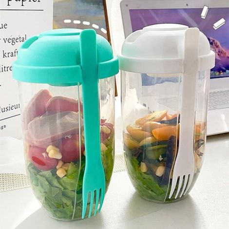 2 teiliger Salatbecher mit Gabel und Deckel für Studenten, zum Abnehmen und für unterwegs, tragbarer Obst und Gemüsebecher, leichter Frühstücksbe (1/5)
