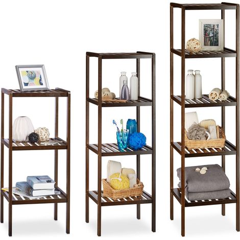 3-piece bamboo shelf set, wooden, free-standing bathroom shelf, kitchen shelf, bookshelf, 3, 4, and 5 tiers, dark brown (1/5)