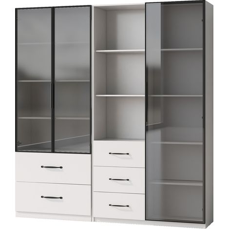 Vitrine LED modulaire 140x40x160 cm, portes vitrées, étagères ouvertes et tiroirs, blanc (1/5)