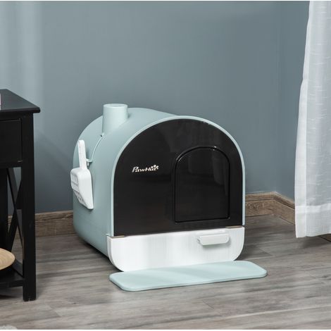 Abgedeckte Katzentoilette 43x44x47 cm aus grünem Kunststoff mit Matte für Katzen bis 5 kg – MEUBLIV (1/5)
