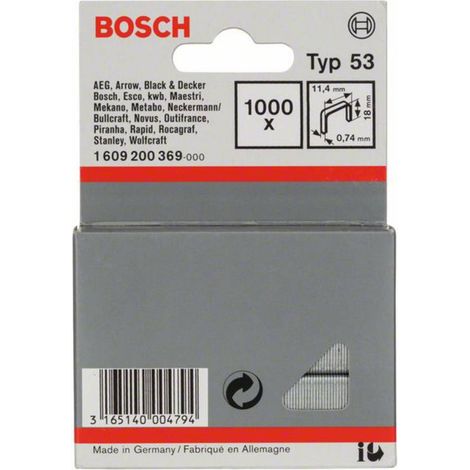 Bosch – Agrafes à fil fin type 53 1.000x 11,4 x 0,74 x 18 mm – Fixation pour matériaux fins – 1609200369