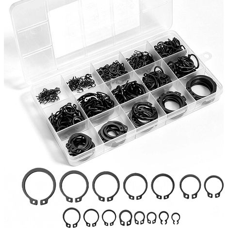 455 Pièces Assortiment Circlips, Anneaux de Retenue, Bagues d’Arrêt, Clips E, Clips C, Rondelles de Sécurité pour Arbres Roulements Mécanique (1/5)