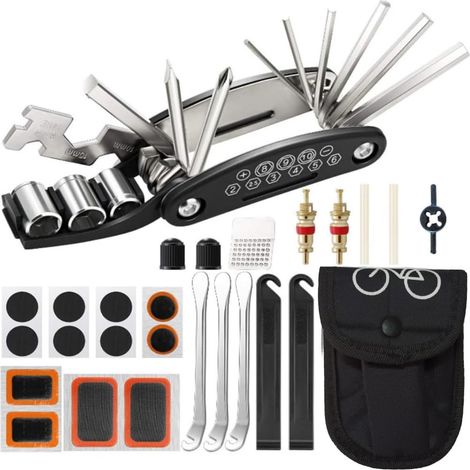 Tragbares Fahrradreparaturset, 16-in-1-Multitool mit Reifenheber und Sechskantschlüssel, geeignet für die Wartung von Rennrädern und Mountainbikes, 27-teilig. (1/5)