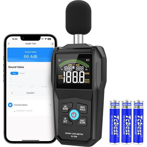 Fonometro digitale portatile con app Bluetooth (da 30 dB a 130 dB) con display LCD, misurazione del livello sonoro (max./min.) e ponderazione A/C, archiviazione dati per aule, ufficio, casa (1/5)