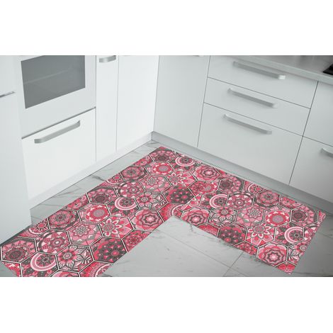 Set di 2 tappeti da cucina antiscivolo e lavabili in lavatrice passatoia multiuso Esagoni Rosa - 50x60+50x120