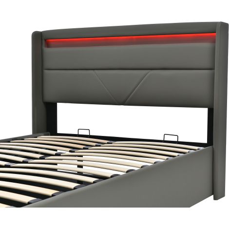 Hydraulisch Stauraumbett mit LED-Beleuchtungsleiste, Doppelbett Bettgestell Polsterbett, Funktionsbett, Grau (Mit Fernbedienung)