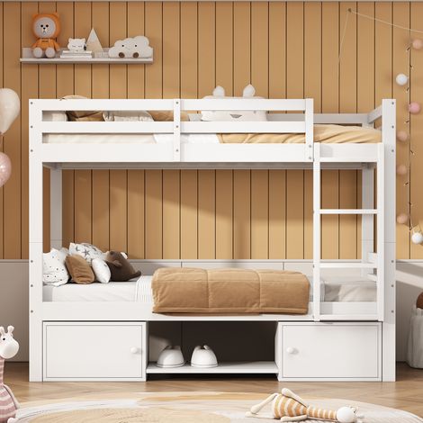 Lit superposé enfant blanc 90x200cm, convertible en 2 lits simples, avec étagères à chaussures et casiers, lit ado, meuble rangement intégré, lot complet. (1/5)