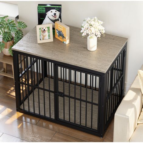 Meuble cage pour chien 84x56x66 cm en fer et panneaux de bois gris, modulable pour salon FloraGrace (1/5)