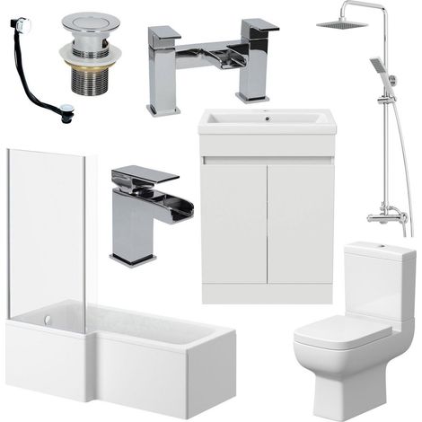 Bathroom Suite Complete LH 1700mm Bath Single Ended Basin Sink Taps Toilet WC (1/5)