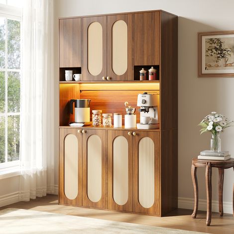 DESMIU Buffet Haut 8 Portes avec Niche Ouverte et LED, pour Salon et Salle à Manger, MDF, naturel, 106 × 40 × 178 cm (1/5)