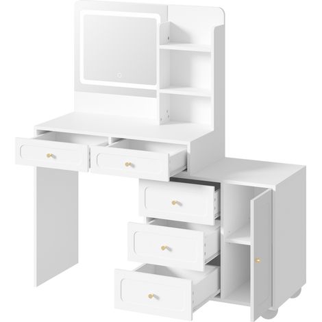 Tocador blanco con espejo LED regulable, 5 cajones, 1 puerta y 3 estantes, 80 x 39,8 x 127 cm (1/4)
