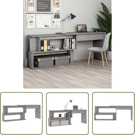 The Living Store Bureau d'angle Gris béton 200x50x76 cm Bois d’ingénierie - Bureau D'angle - Bureau Gris - Bureau Moderne - Bureau Compact - Meuble De Bureau (1/5)