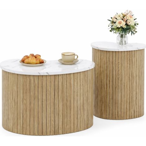 Lot de 2 tables basses gigognes design courbes blanc et bois clair effet marbre, table d’appoint compacte en MDF pour salon chambre bureau moderne CHICFURN (1/5)
