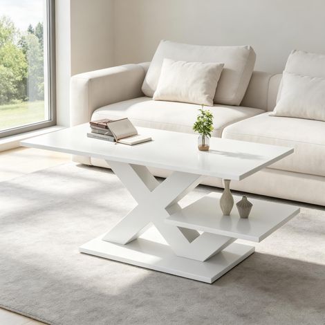 Tavolino da caffè bianco lucido 100x48x45 cm, doppio piano, struttura in MDF, design X MEUBLIV (1/5)