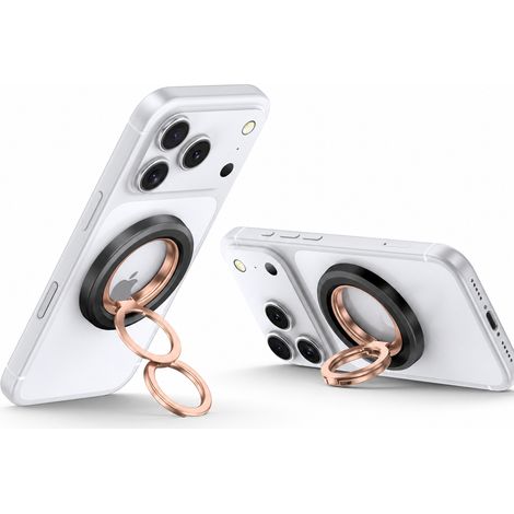 Support Anneau Magnétique pour Téléphone Compatible MagSafe, Rotation 360°, Support de Bureau en Alliage d’Aluminium, Noir et Or Rose (1/5)