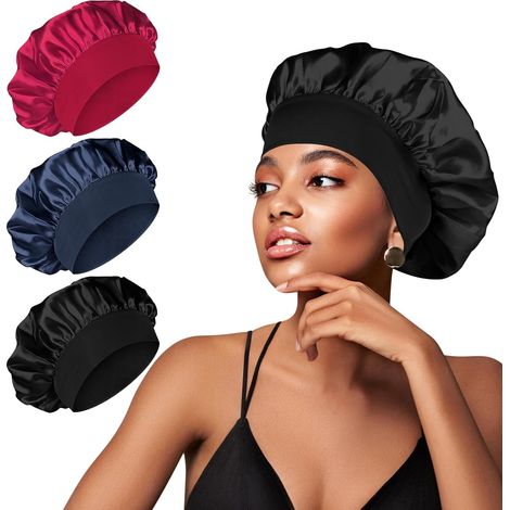 Satin-Haarhaube für die Nacht – 1 Stück – Weiche, elastische Seide – Schützt vor Reibung – Für langes, lockiges Damenhaar – Schwarz (1/5)