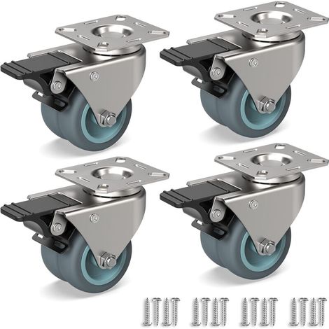 Roulettes pivotantes 50mm pour meubles – Double roues caoutchouc – Charge 160kg – Fixation par vis – Pour sols en béton et carrelage