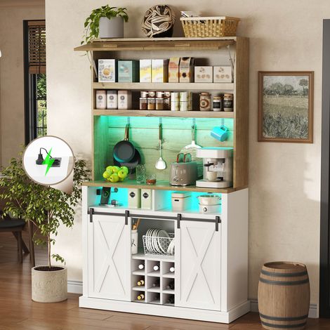 Cuisine armoire haute 191 cm lumineuse LED, porte battante, crochets, casier à bouteilles, vitrine, éclairage intégré, prise électrique, meuble de rangement pour salle à manger et cuisine. (1/5)