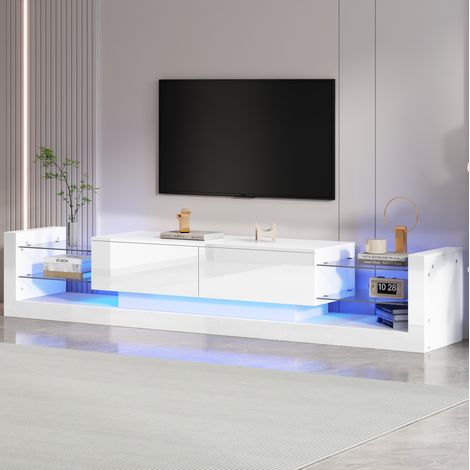 Meuble TV 181 cm avec éclairage LED, façade vitrée, 2 tiroirs abattants, blanc brillant HAVRYA (1/5)