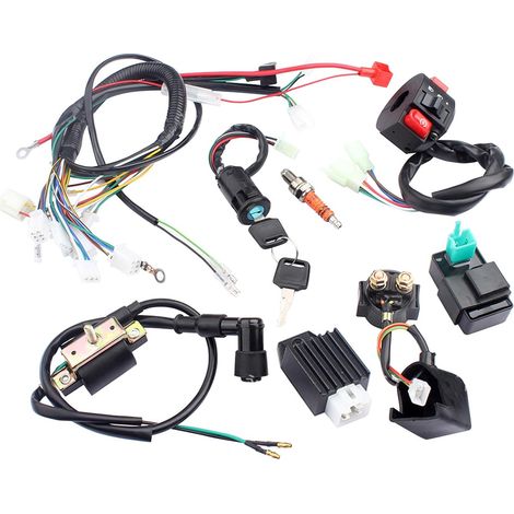 Kit complet de faisceau de câbles pour 50-125 cc ATV/Quad/moto, serrure d'allumage avec clé CDI Bobine d'allumage Relais Régulateur Interrupteur Bougie d'allumage Quad Remplacement pour Dirt Bike