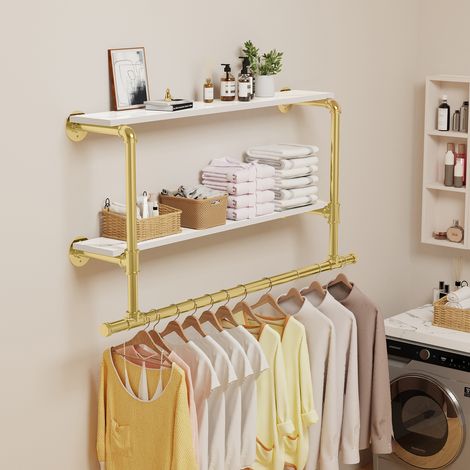 2-tier Industrial Metal Pipe Wall Wood Shelf, Gold White (1/5)