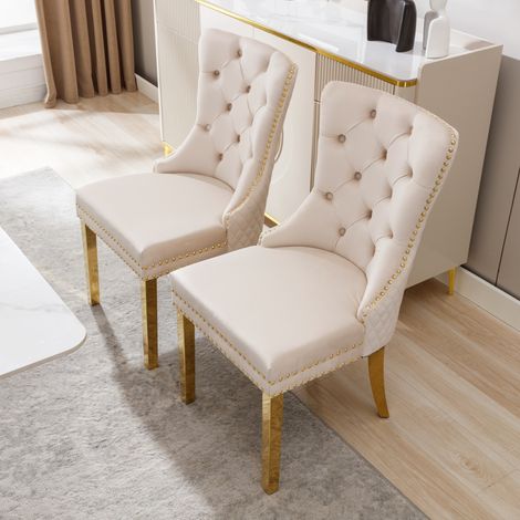 Chaise de salle à manger et de cuisine, fauteuil de salon avec dossier à heurtoir original, pack de 2, siège rembourré à clous décoratifs, pieds en acier inoxydable doré, revêtement velours, beige et (1/5)