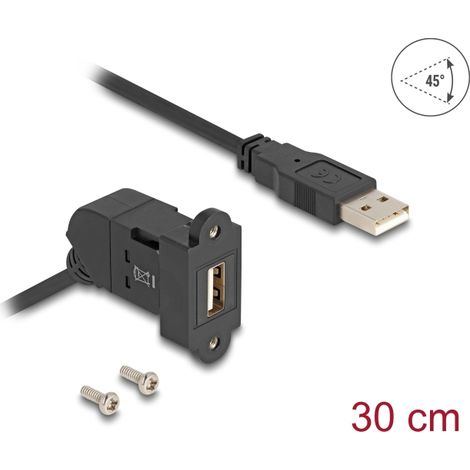 Delock USB 2.0 Tipo-A hembra para montaje en panel con Ã¡ngulo de 45Â° a Tipo-A macho con cable de 30 cm negro