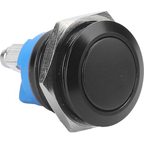 Interrupteur à bouton métallique en acier inoxydable, tête plate ronde de 16 mm, étanche, à réarmement automatique, alimentation 220 V (noir) (1/5)